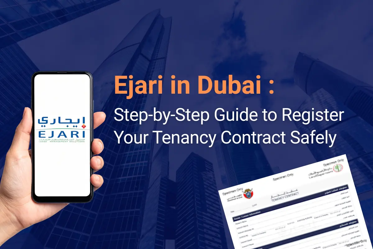 Tenant and landlord registering Ejari contract in Dubai with Dubai Land Department seal for tenancy validation.